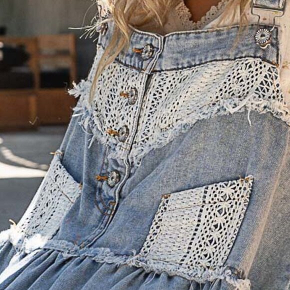 POL Sweet Farmer Girl Denim & Lace Patchwork Suspender Overalls Blue Jean Dress - Picture 3 of 12